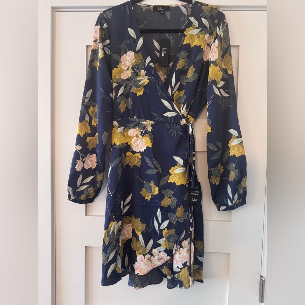 Lulu's Navy and Yellow Floral Satin Wrap Dress